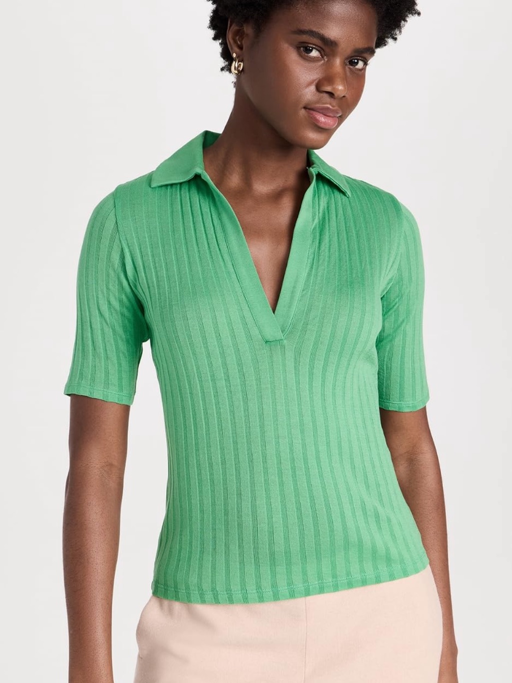 Vince Ribbed Elbow Sleeve Polo Top